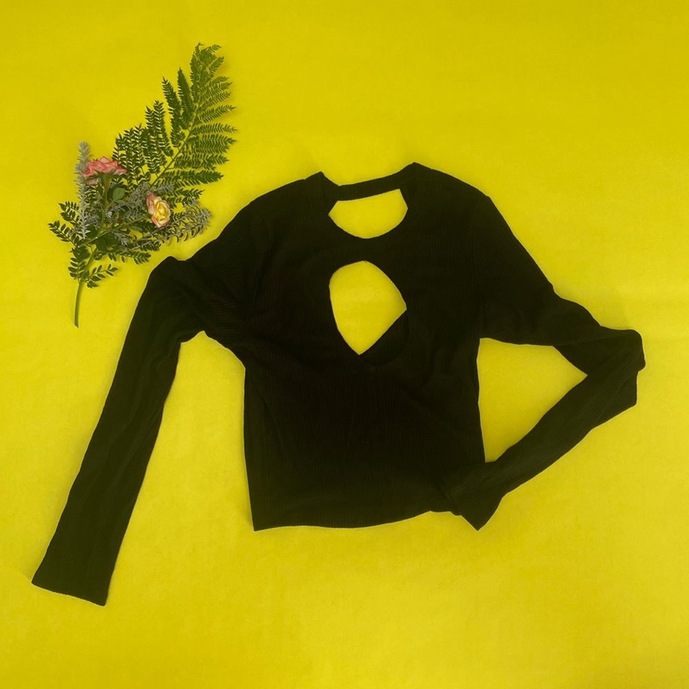 Emma & Sam black long sleeve keyhole and open back crop top